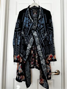 Johnny Was Black Draped Cardigan with Blue Geometric and Multicolor Floral Trim